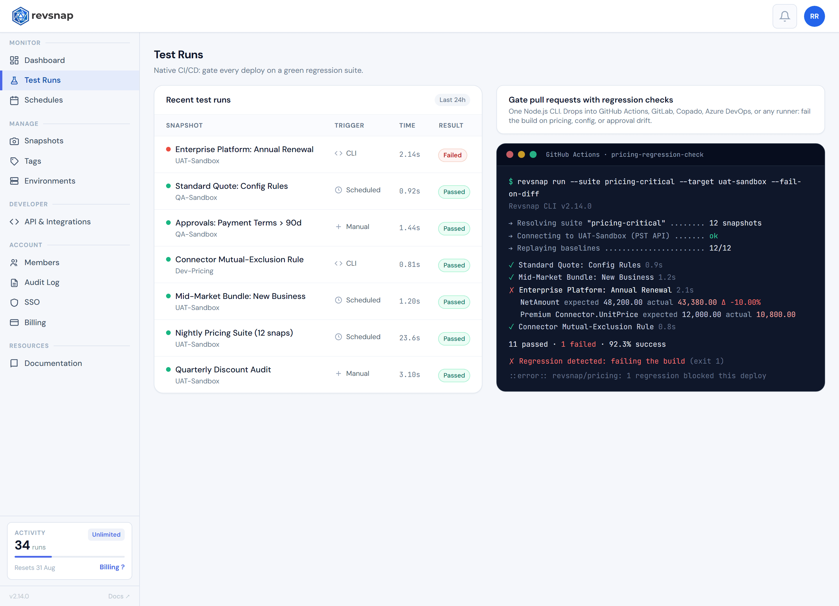 Revsnap CLI running in a GitHub Actions pipeline: a pricing regression is detected and the build is failed with exit code 1